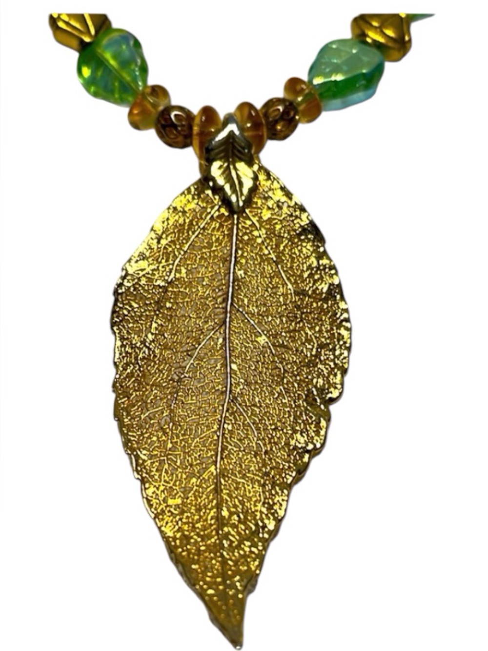 2.5" Real Leaf Gold Electroplated Pendant on 24" Handmade Beaded Chain.